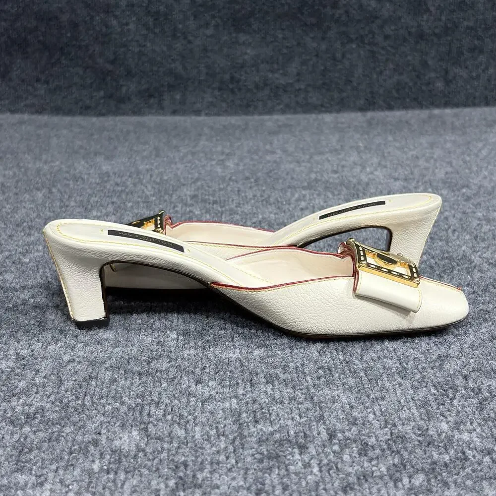 Louis Vuitton Shoes Womens 6 White Suhali Leather Flower Buckle Mule Kitten Heel